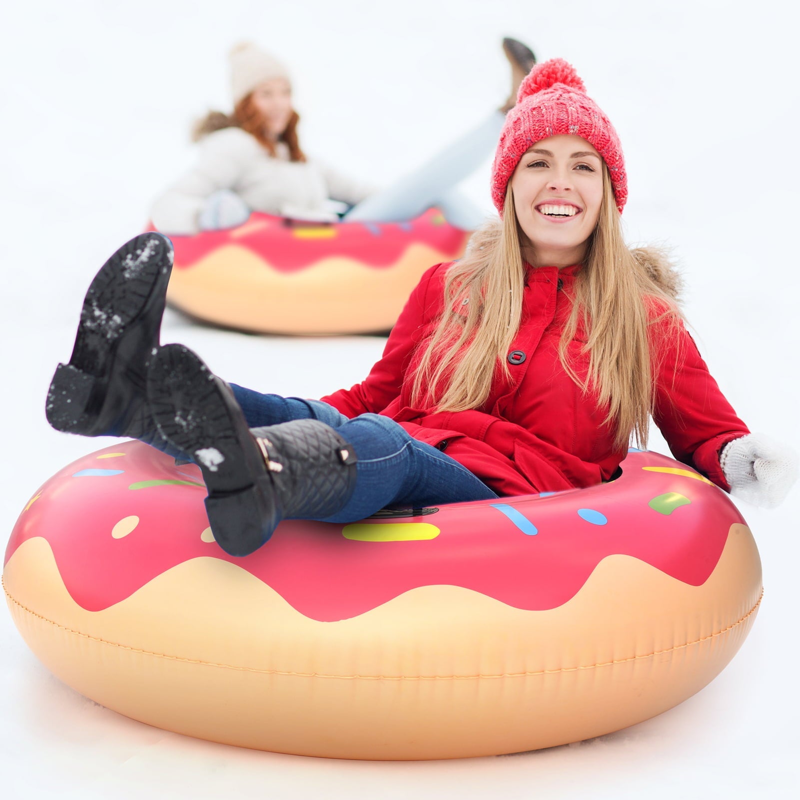 Yaoping Snow Tubes, 47 inch Inflatable Donut Snow Tube with 2 Higher Handle, Heavy Duty Reinforced Bottom Skiing Snow Tube Winter for Adult and Kids