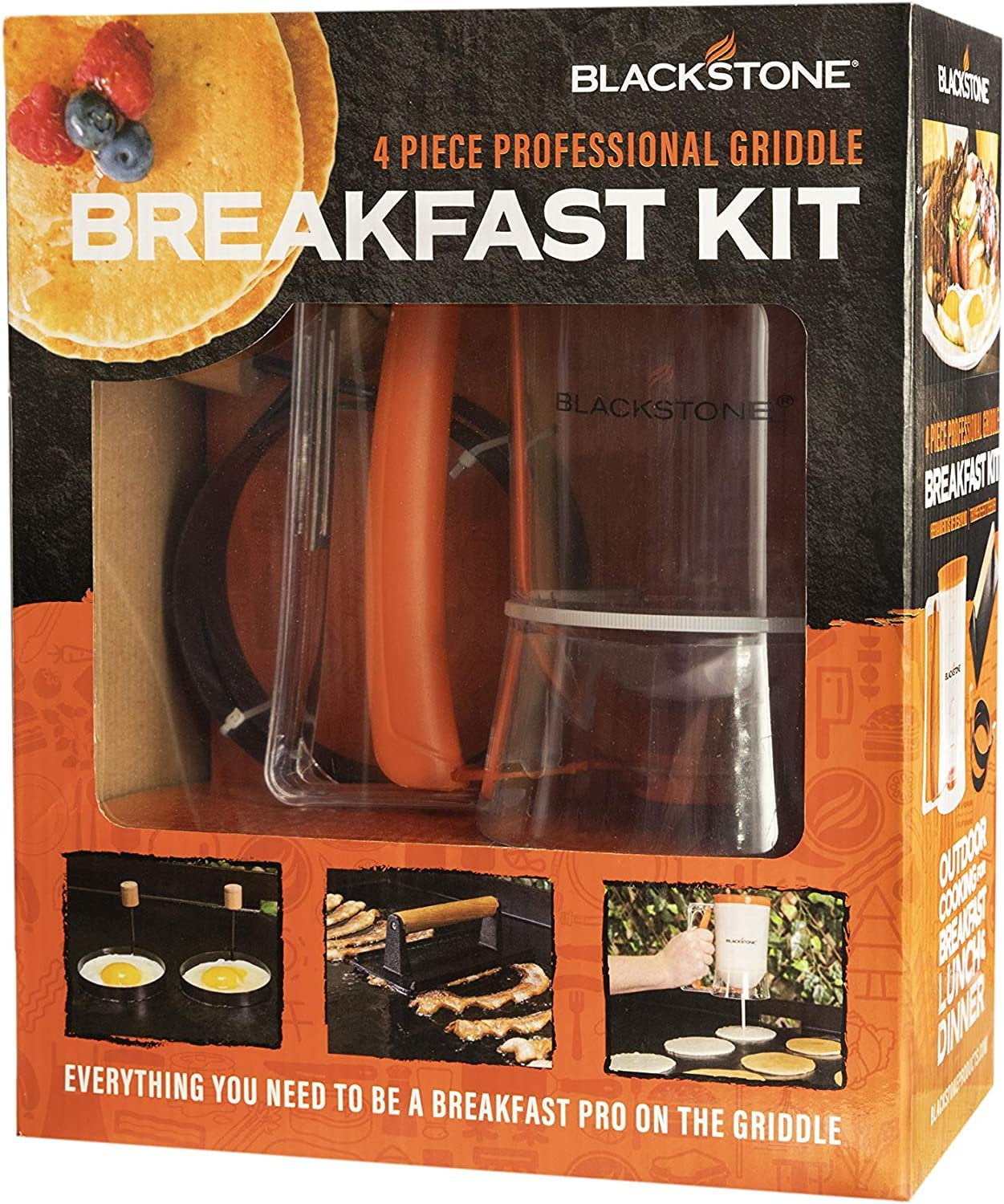 1543 Griddle Breakfast Kit 4 Piece Set Include Batter Dispenser, Bacon Press, Two Egg/Pancake Rings with Handle-Best Indoor-Outdoor Cooking Accessory, Multiple