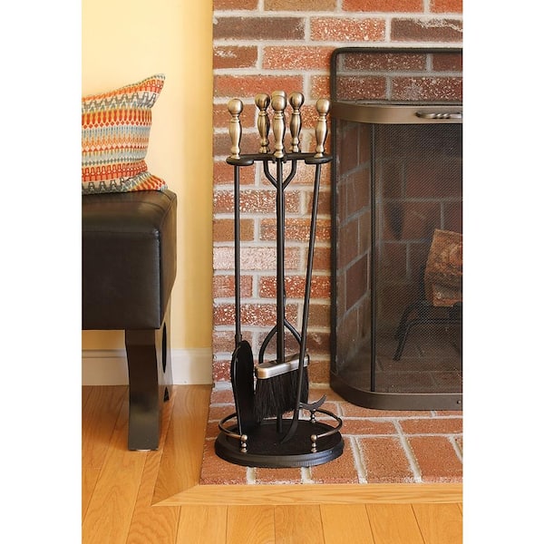 30 in. Tall 5-Piece Black and Polished Pewter Boston Fireplace Tool Set