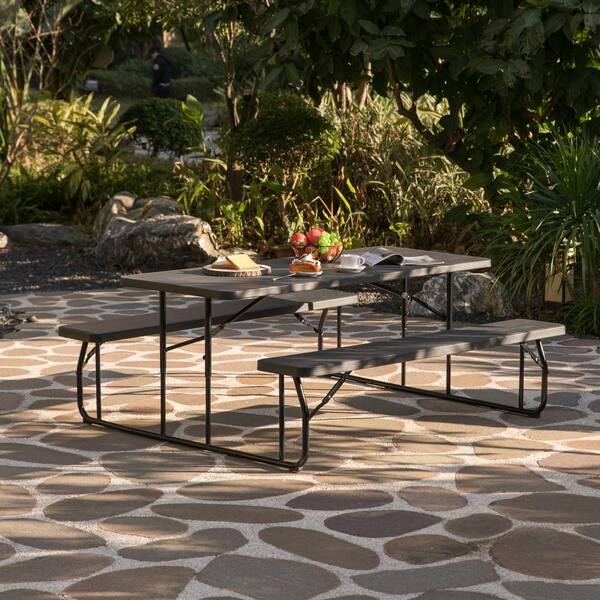 6 ft. Black Outdoor Foldable Woodgrain Picnic Table Set with Metal Frame
