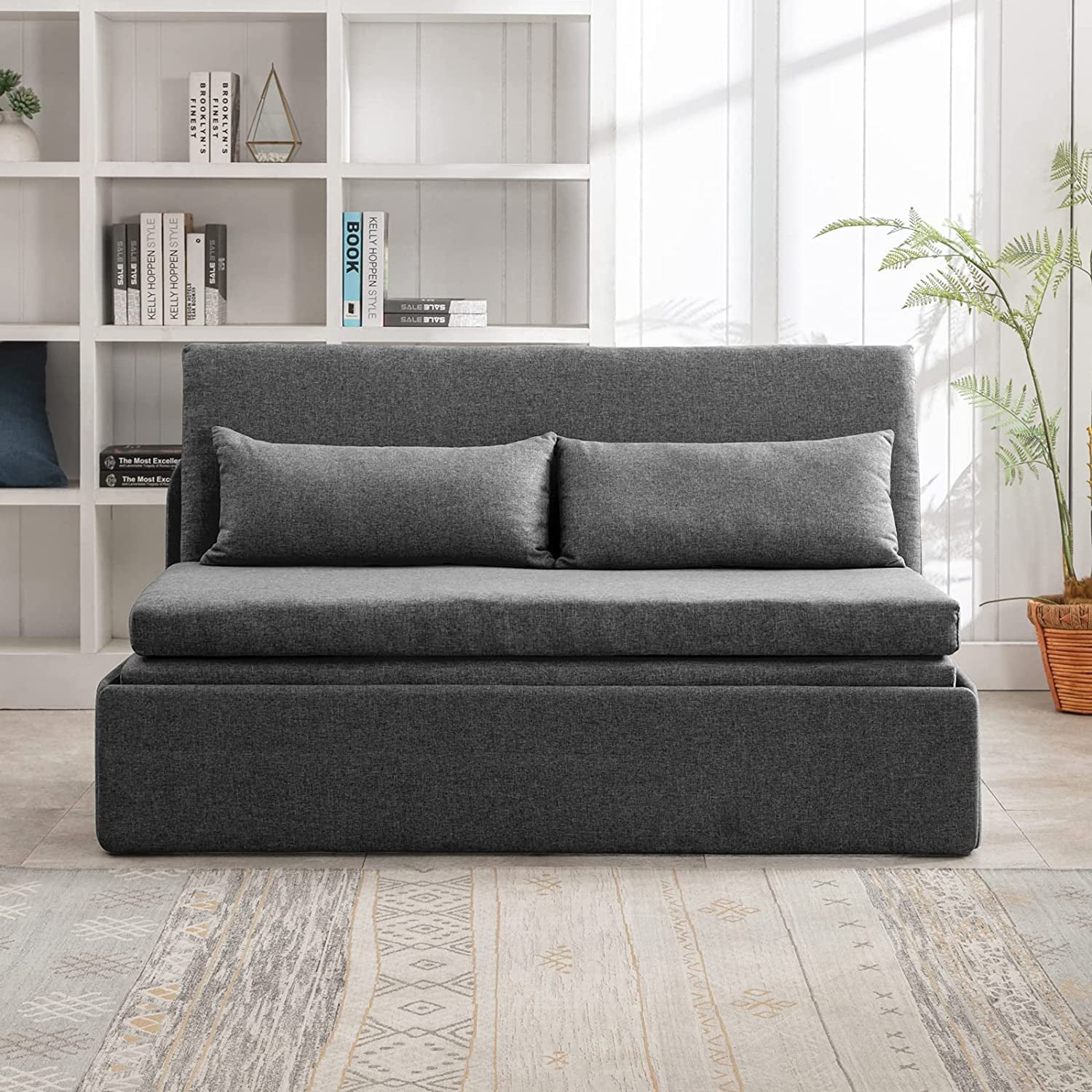 Mjkone Queen Size Convertible Sofa Bed, Modern Pull Out Linen Sleeper Sofa Couch, Revesible Couch Bed with Cushions&Throw Pillows for Small Place/Apartment/Living Room/Office/Studio (Dark Gray)