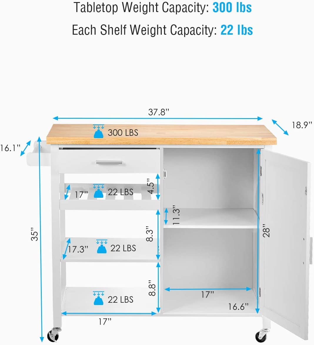 Homfa Rolling Kitchen Island with Wheels, Microwave Cart with Drawer and Storage Cabinet for Kitchen, White