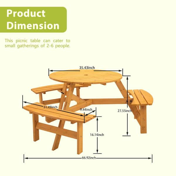 35.43 in. 6-Person Natural Circular Wooden Outdoor Picnic Table for Patio, Backyard, Garden, DIY with 3 Built-In Benches