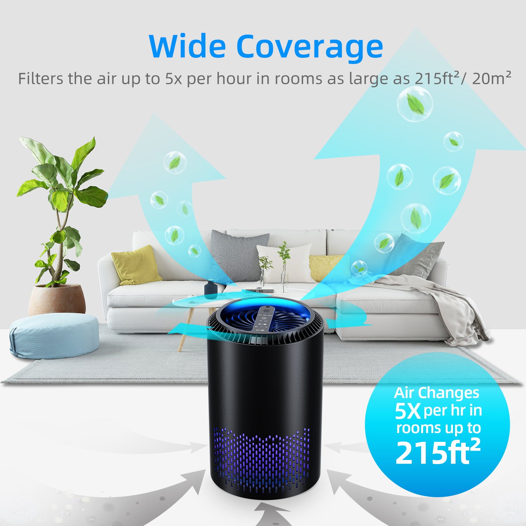 KLOUDIC Air Purifier for Home, H13 HEPA Filter Air Cleaner for Pet Hair, Allergies, 99.9% Removal, Odor Eliminators for Bedroom, Black