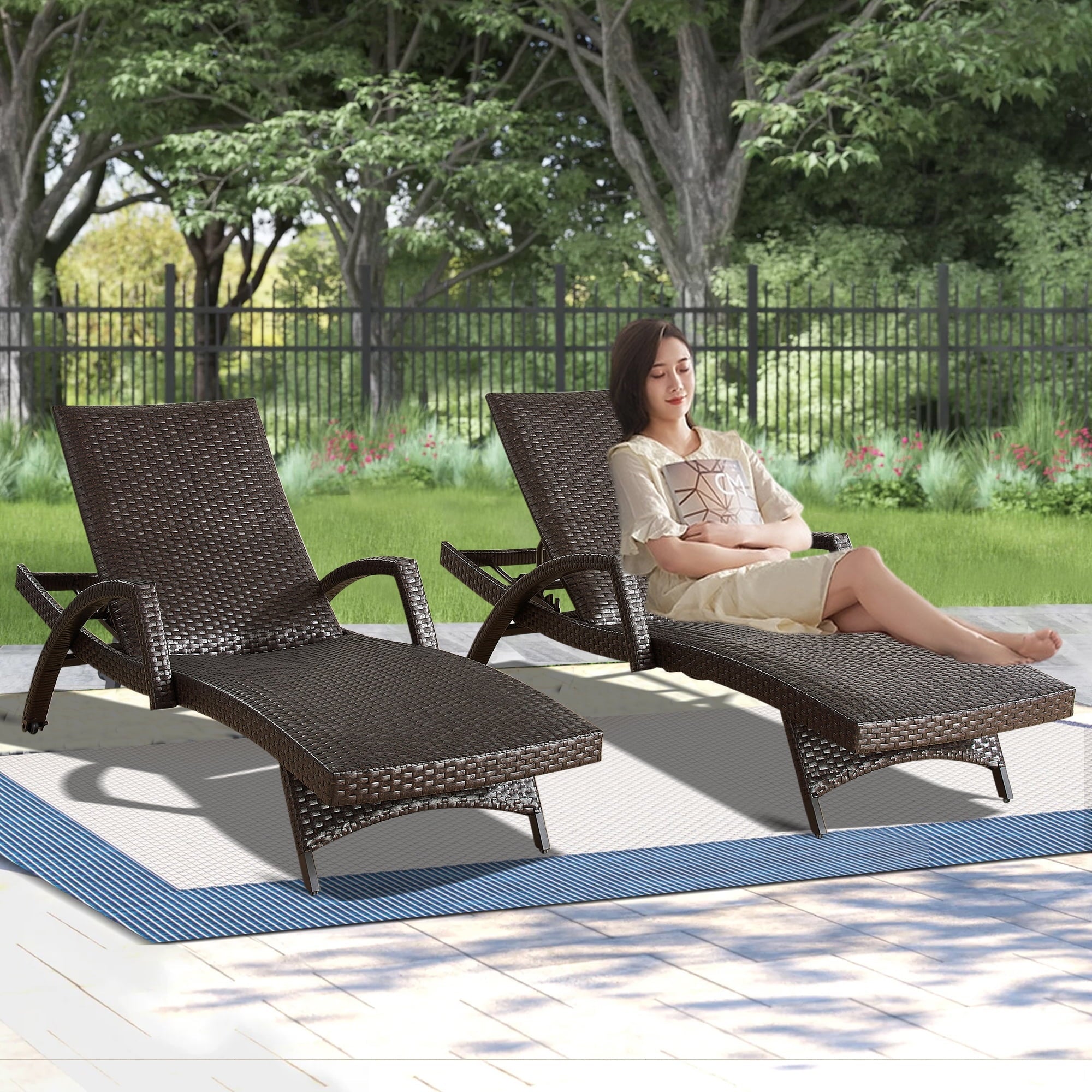 Ulax Furniture Outdoor Woven Padded 2 Pieces Aluminum Chaise Lounge Chairs  Patio Armed Lounger Adjustable Chair with Wheels and Quick Dry Foam(Dark Brown)