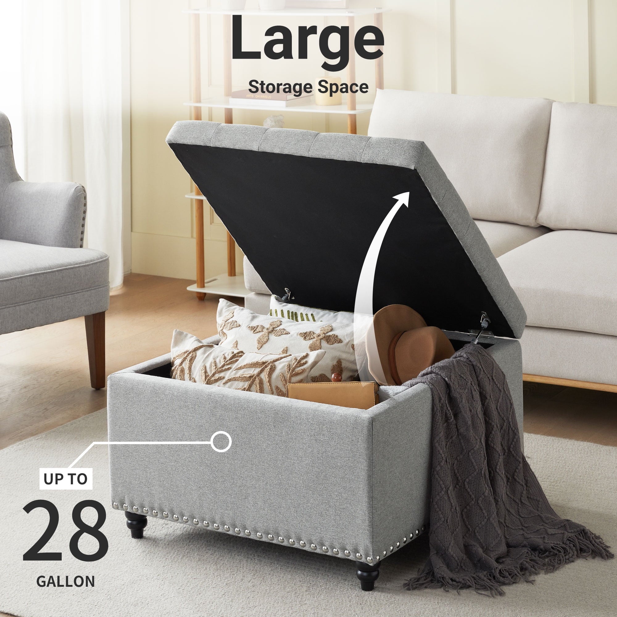 Gericco Large Square Storage Ottoman Bench, Tufted Upholstered Coffee Table Ottoman with Storage, Oversized Storage Ottomans (Gray)