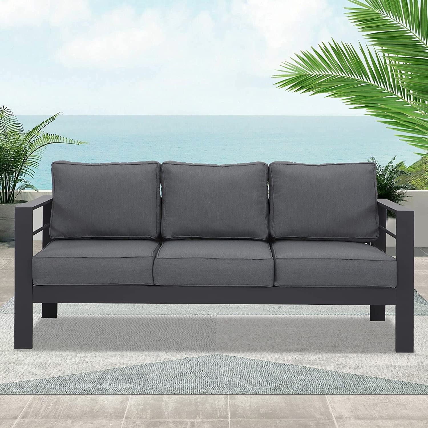 Superjoe Patio Furniture Aluminum Sofa All-Weather Outdoor 3 Seats Couch Gray Metal Chair with Dark Grey Cushions
