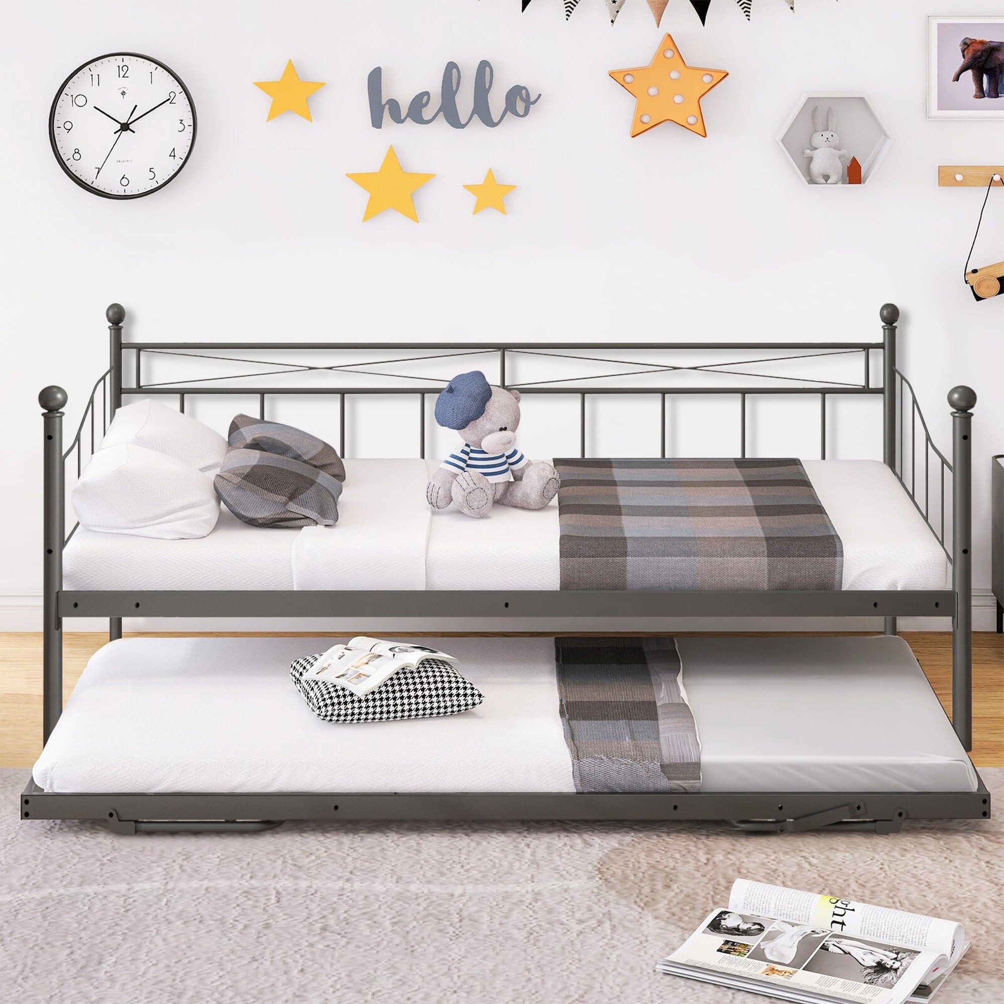 Daybed with Trundle, Metal Twin Daybed for Living Room/Bedroom, Twin Size Sofa Bed with Pop Up Trundle, Space Saving Design, Modern Home Platform Bed Frame, No Box Spring Needed, Black, D6609