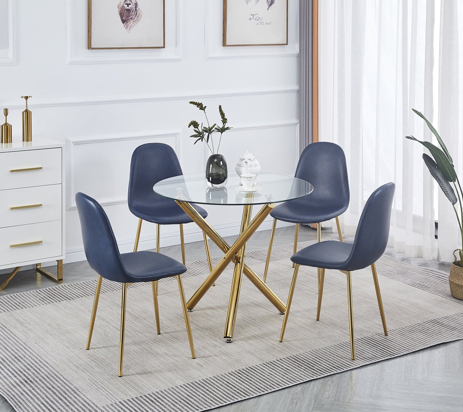 ROZHOME Modern Dining Chair Set of 4, Mid Century Side Chair, Kitchen & Dining Room Chairs, Washable PU Leather Dining Chair with Metal Legs, Dark Slate Blue