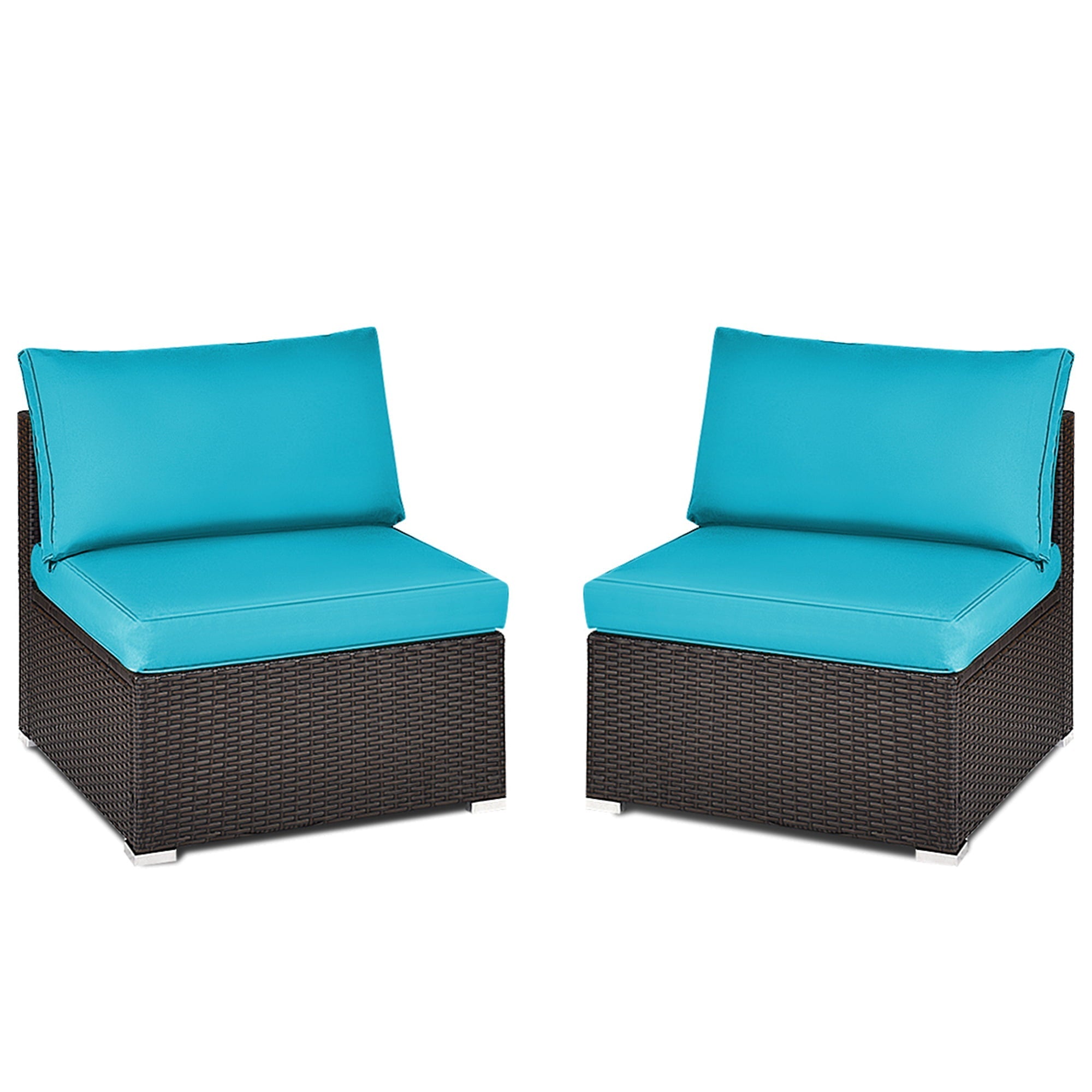 Gymax 2PCS Patio Wicker Rattan Sectional Armless Chair Sofa w/ Turquoise Cushion