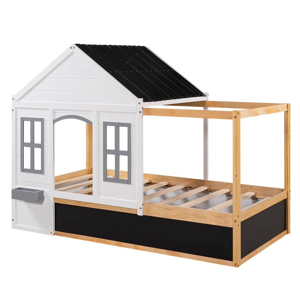 House Platform Bed with Black Roof and 2 Windows, Solid Wood Twin Size Canopy Platform Bed Frame with Little Shelf and Blackboard for Toddlers Kids Girls Boys, No Box Spring Needed, White