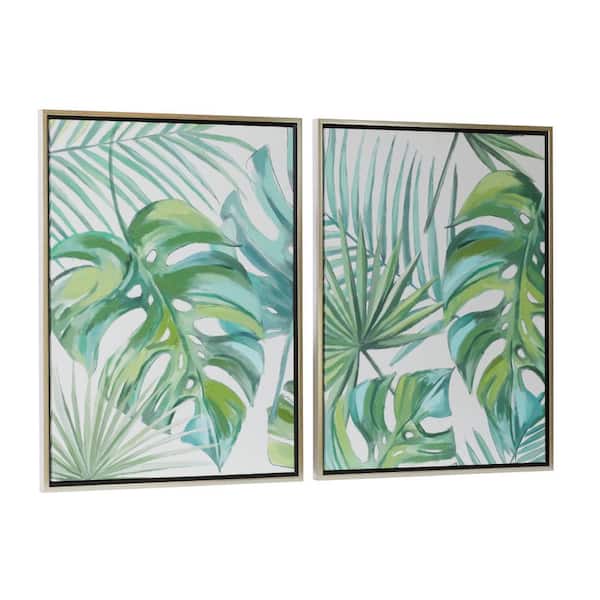 2- Panel Leaf Tropical Framed Wall Art with Silver Frame 32 in. x 24 in.