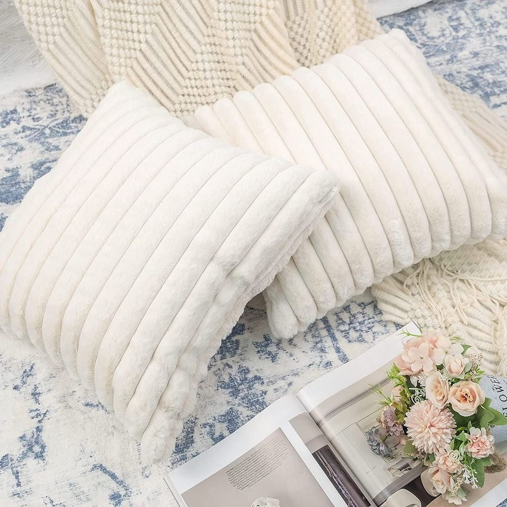 Gerich 18x18 inch Square Throw Pillow Covers with Stripes Decorative Pillows for Living Room Couch Sofa, White, Set of 2