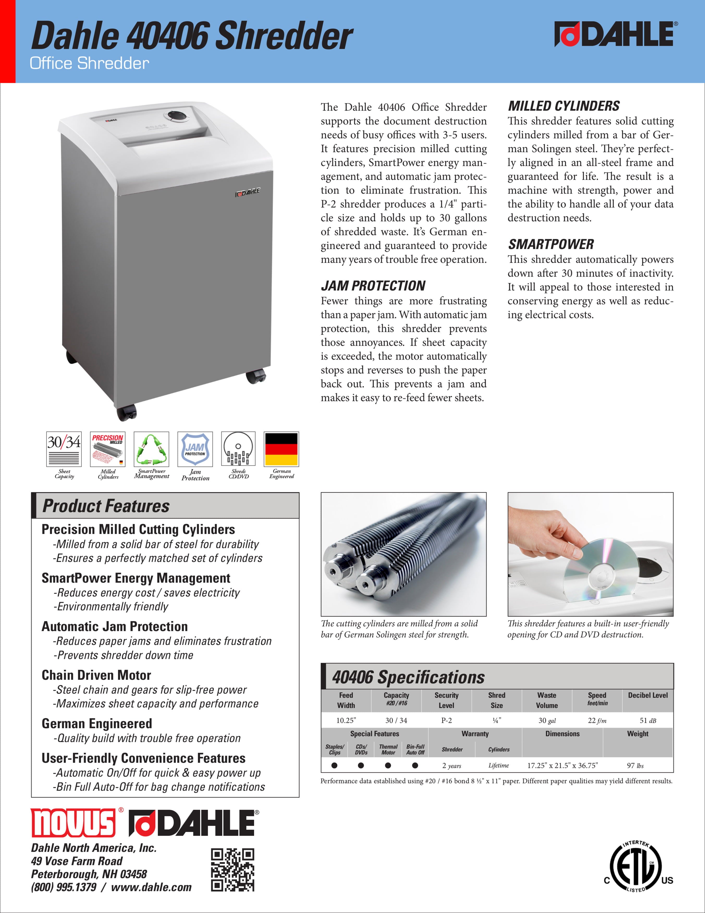 Dahle 40406 Oil-Free Paper Shredder w/Jam Protection, German Engineered, 30 Sheet Max, Level P-2