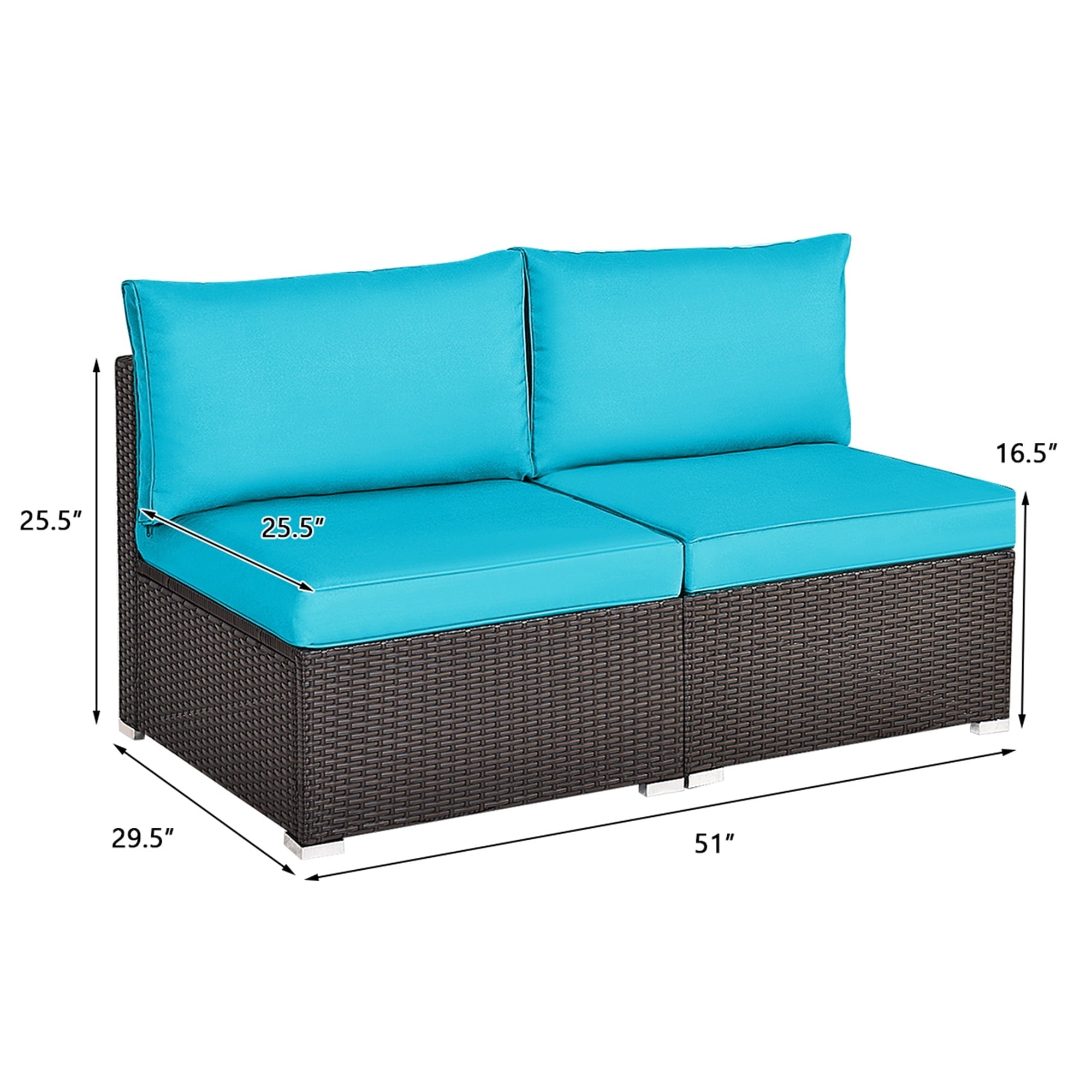 Gymax 2PCS Patio Wicker Rattan Sectional Armless Chair Sofa w/ Turquoise Cushion