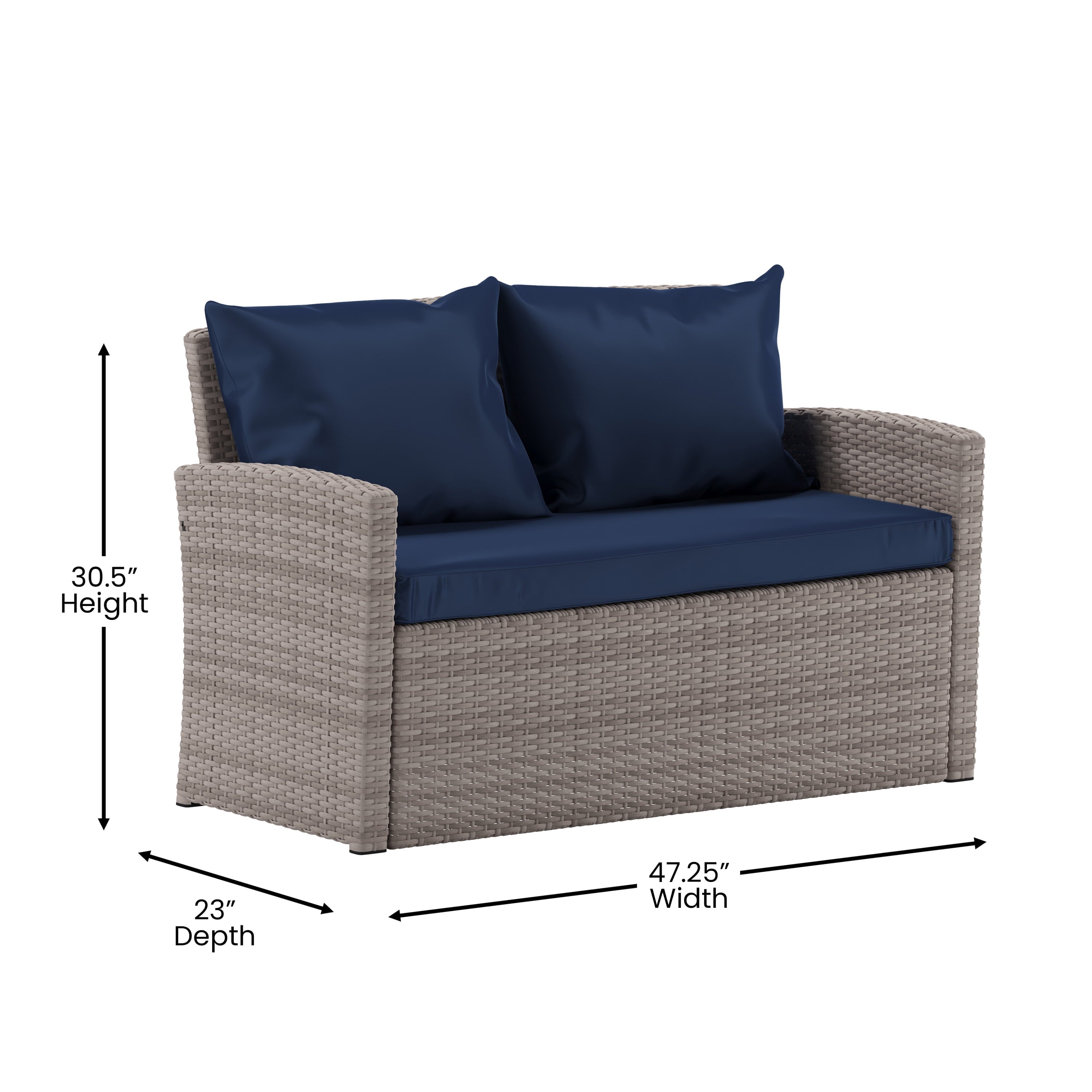 Flash Furniture Aransas Series 4 Piece Light Gray Patio Set with Navy Back Pillows and Seat Cushions