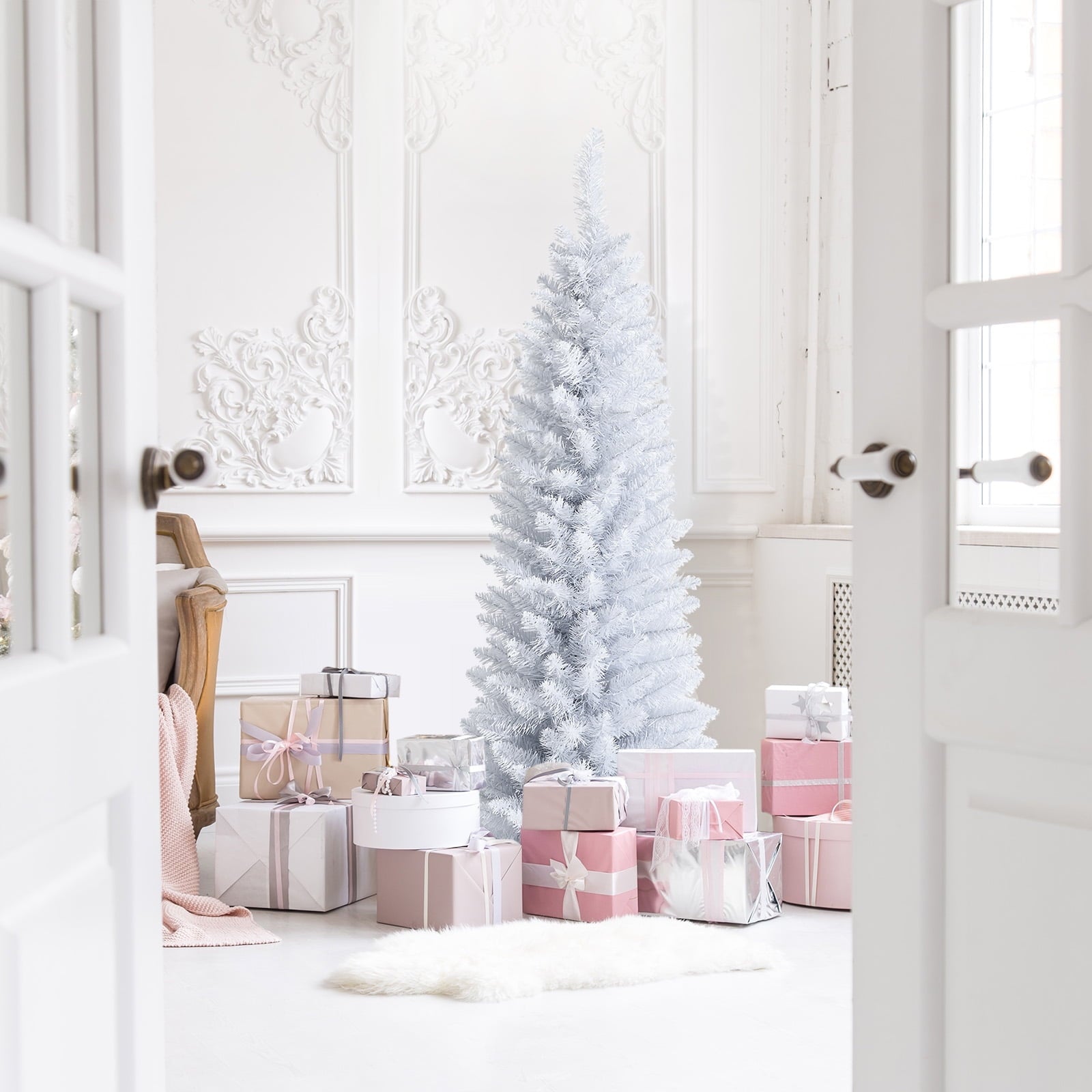 Topbuy 7FT Life-Like Slender White Christmas Tree Artificial Pencil Unlit Xmas Tree W/ Folding Metal Stand & Durable PVC