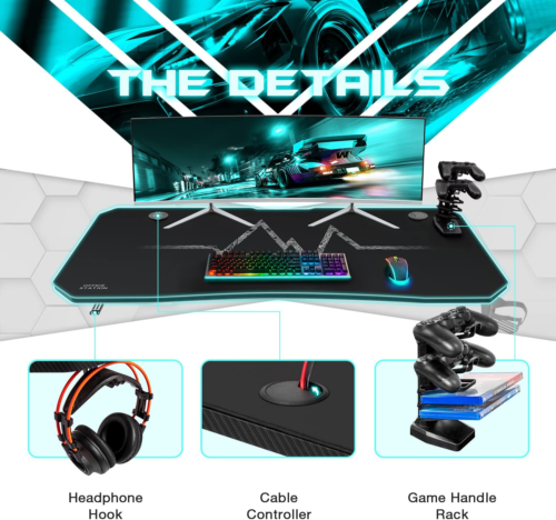 Gaming Desk T-Shaped Pc Computer Table with Carbon Fiber Surface Free Mouse Pad