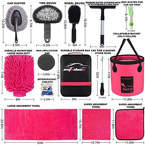 24Pc Pink Car Wash Cleaning Set with Bag & Bucket