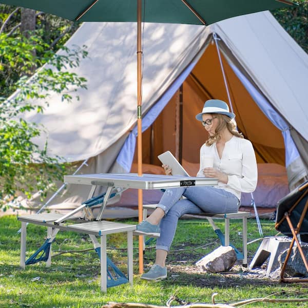 Folding Aluminum Outdoor Picnic Table Chair Set with Portable Suitcase, Umbrella Hole, Handle (4-Seat)