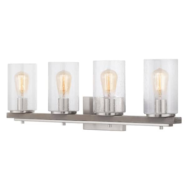 Boswell Quarter 33-1/4 in. 4-Light Brushed Nickel Farmhouse Vanity Light with Painted Weathered Gray Wood Accents