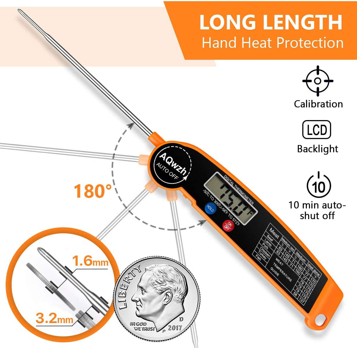 AQwzh Meat Thermometer, Instant Read Thermometer, Meat Thermometer, Food Thermometer, Candy Thermometer, for Kitchen BBQ Grill Smoker Meat Coffee Oil Milk Yogurt Temperature