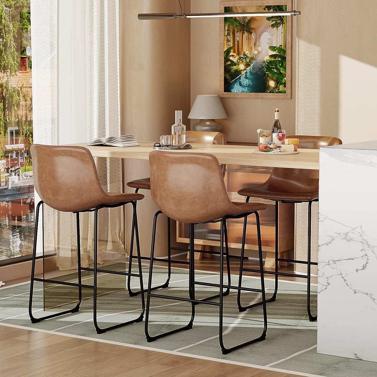 YaFiti Barstools 26'' PU Leather Counter Height Bar Stools Set of 4 with Back Modern Armless Chairs with Footrest and Metal Legs for Kitchen Living Room Pub, Brown