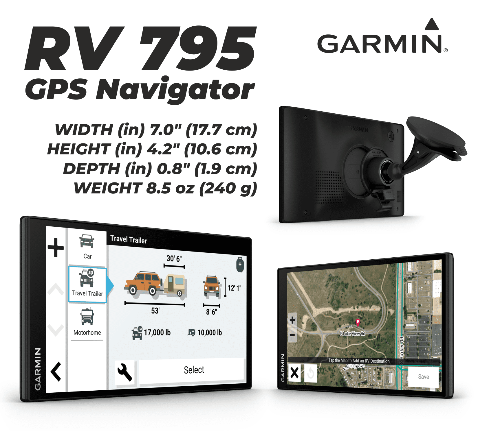 Garmin RV 795 GPS Navigator, Large, Easy-to-Read 7”, Custom RV Routing, High-Resolution Birdseye Satellite Imagery Unisex Adult with Wearable4U Power Pack Bundle