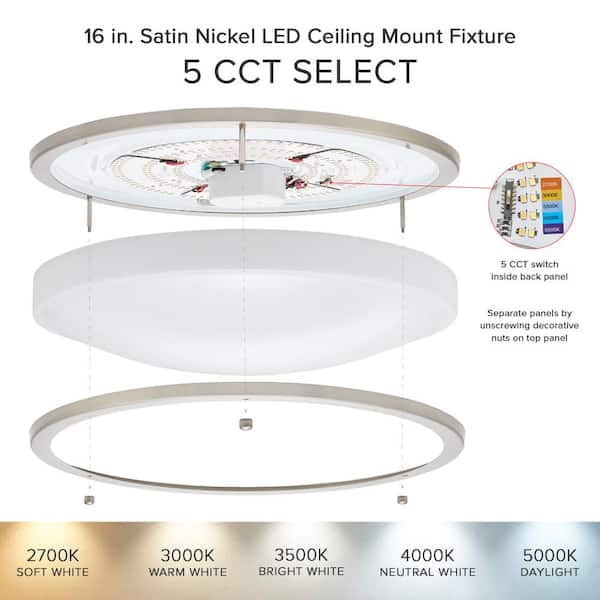 16 in. Satin Nickel LED Ceiling Mount Fixture, 5 CCT 2700K-5000K, 3600 Lumens, Dimmable
