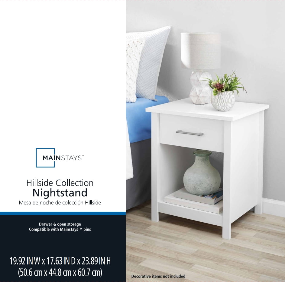 Mainstays Hillside Nightstand with Drawer, White Finish