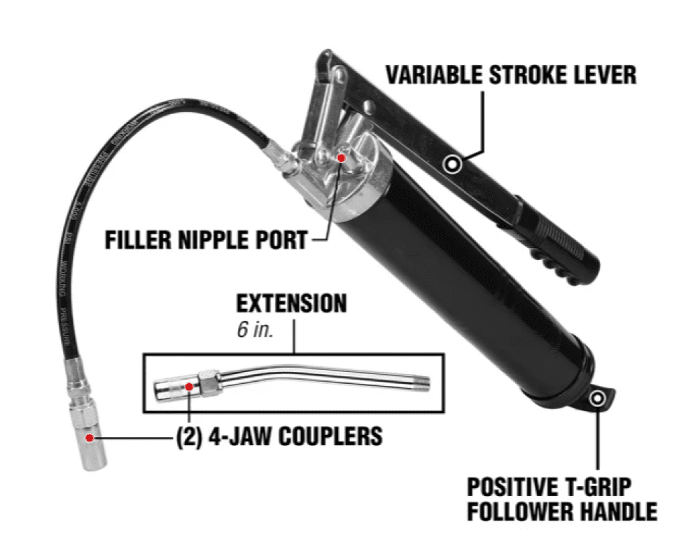 Legacy Automotive Heavy-Duty Lever Action Grease Gun - Includes fixed metal tube with coupler and 12 inch flexible hose, 1 each, sold by each