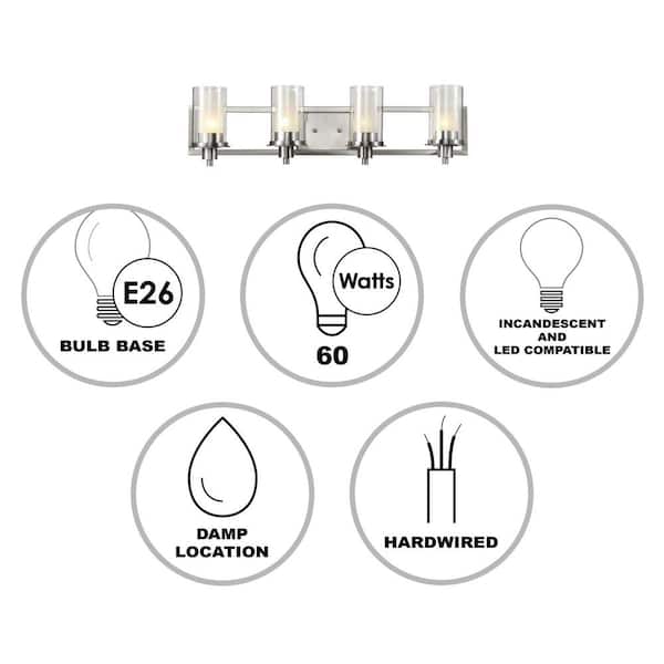 Odyssey 30 in. 4-Light Brushed Nickel Bathroom Vanity Light Fixture with Frosted Inner Glass and Clear Outer Glass