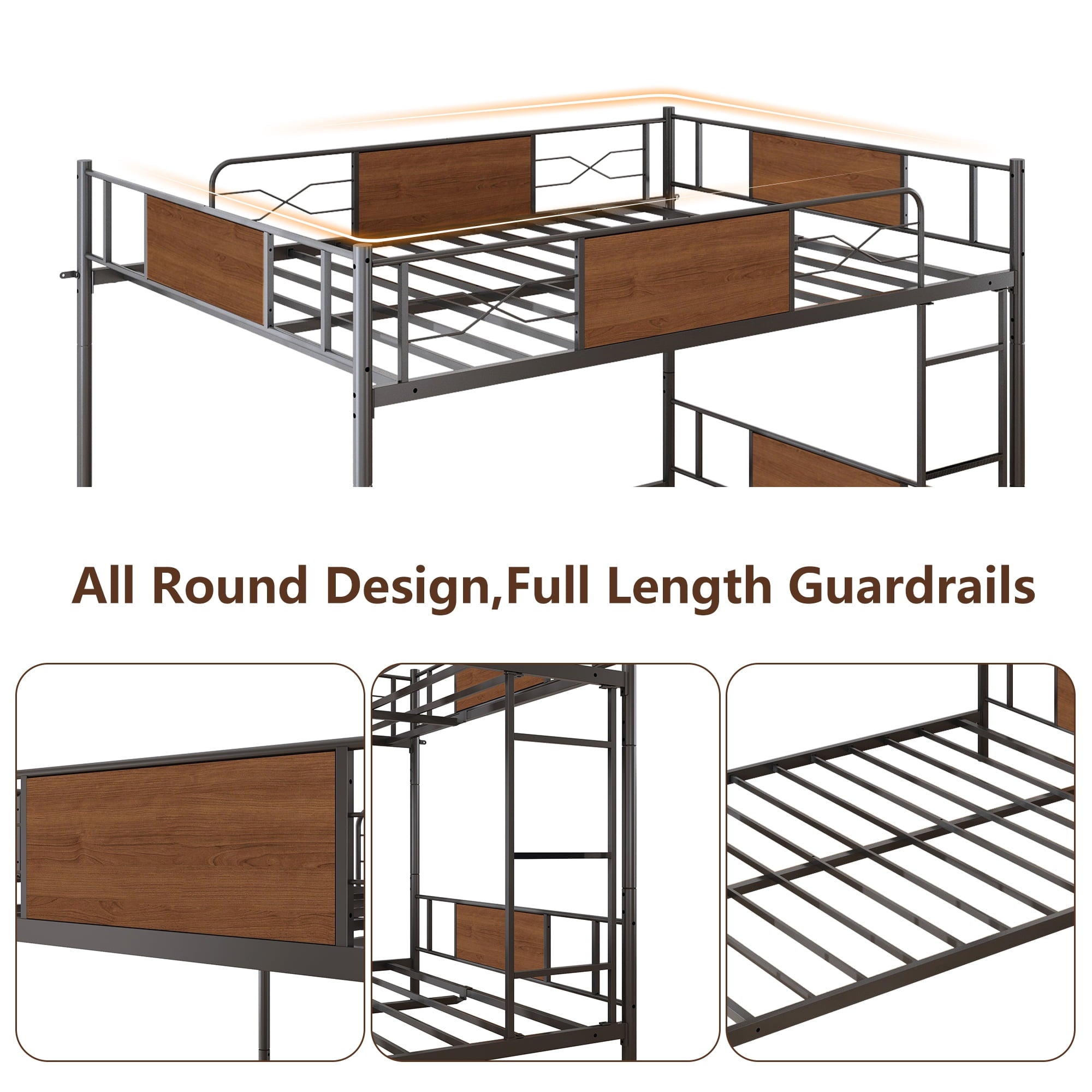 Full Over Full Metal Bunk Bed, HSUNNS Industrial Metal Low Bunk Bed for Kids Full Over Full, Modern Kids Convertible Bunkbed with Ladder, Guardrail, No Box Spring Need, Load-Bearing 400lb, Noise Free