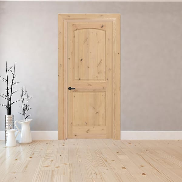 32 in. x 80 in. 2-Panel Round Top Plank Unfinished Knotty Pine Single Prehung Interior Door