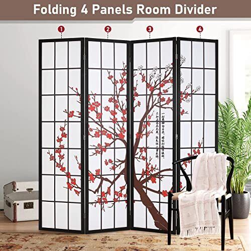Room Divider 6Ft Folding Privacy Divider 4 Panel Oriental Shoji Screen Wall D...