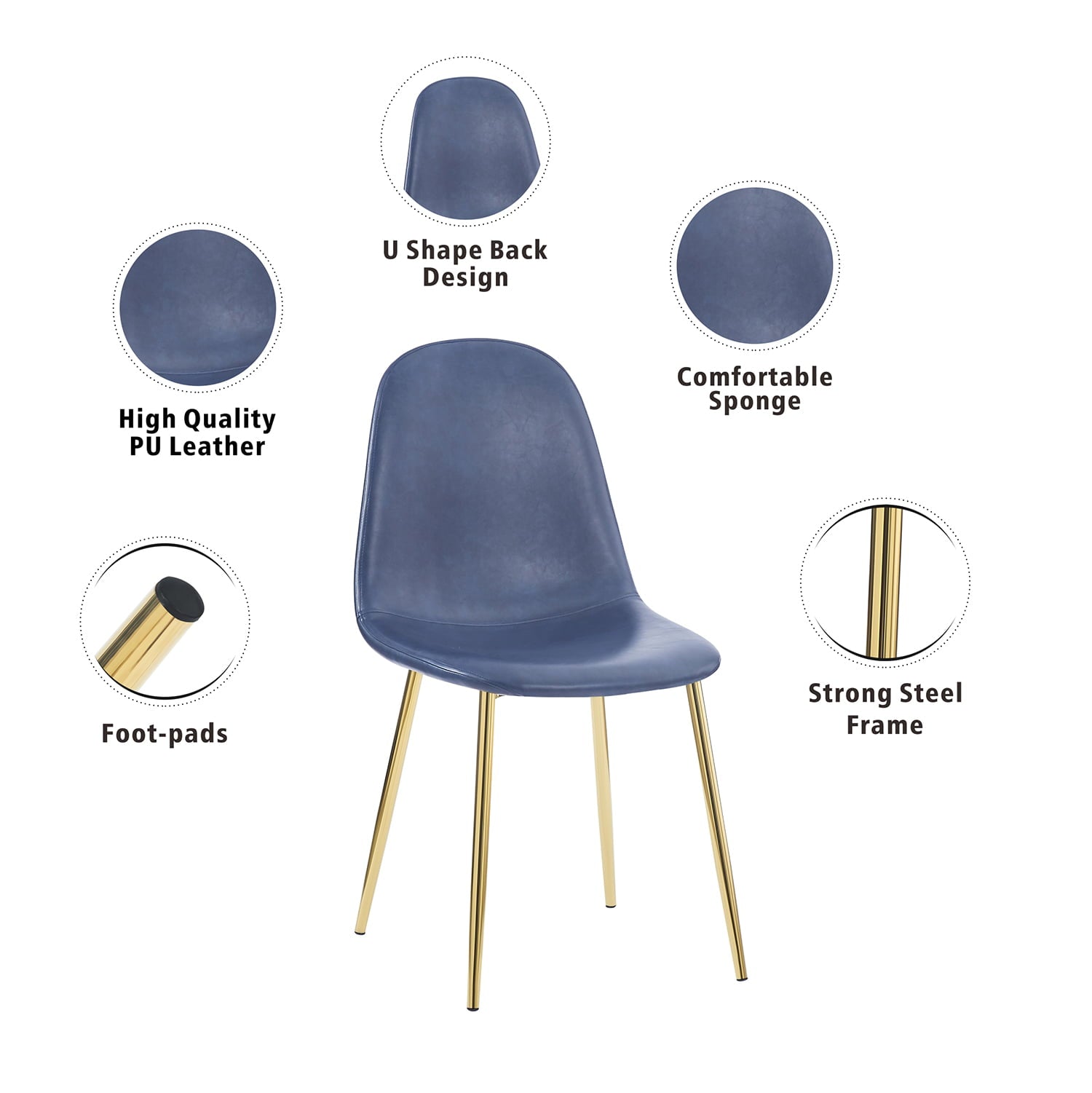 ROZHOME Modern Dining Chair Set of 4, Mid Century Side Chair, Kitchen & Dining Room Chairs, Washable PU Leather Dining Chair with Metal Legs, Dark Slate Blue