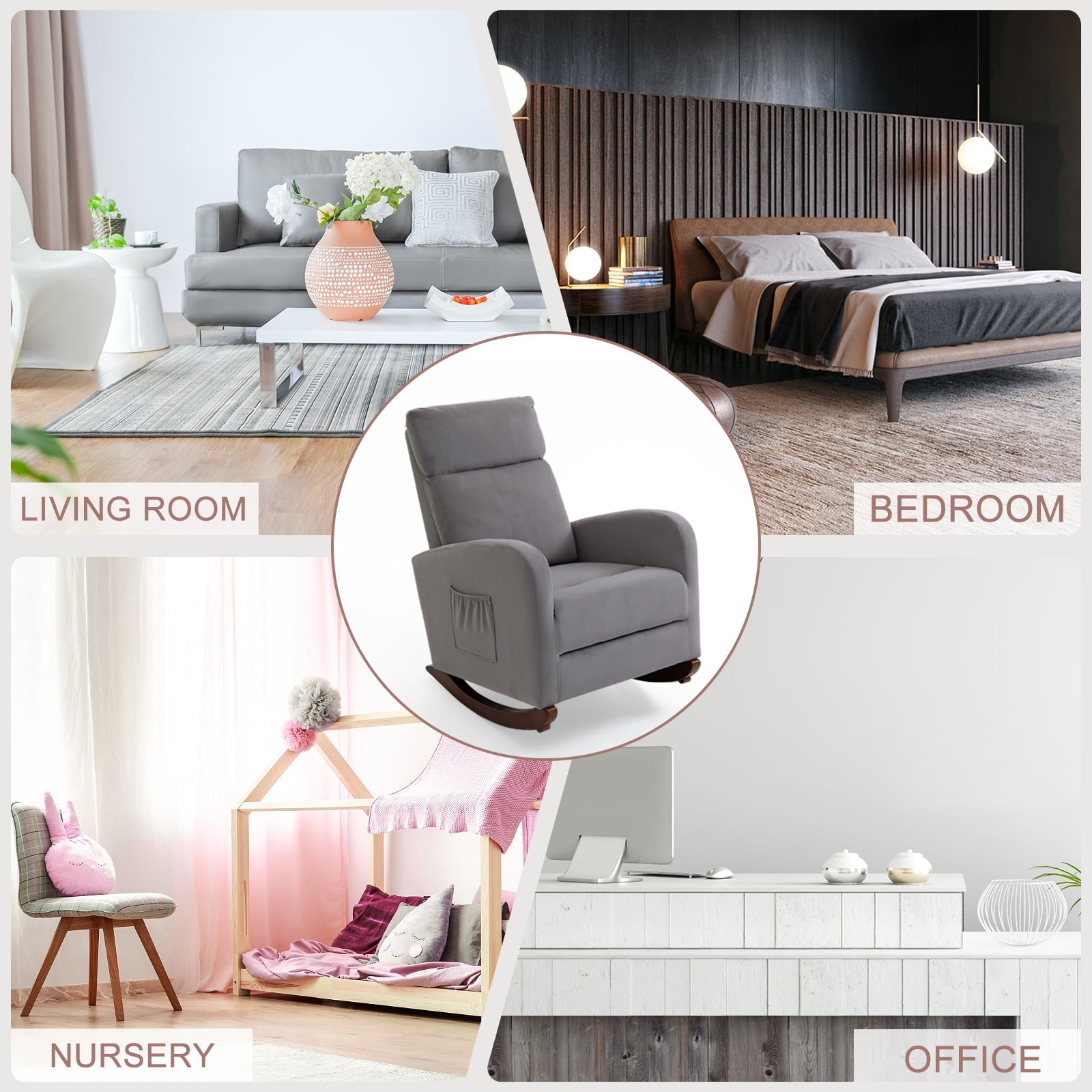 AVAWING Nursery Rocking Chairs Mid Century Glider Chair Upholstered Velvet High Back Arm Chair (Gray)