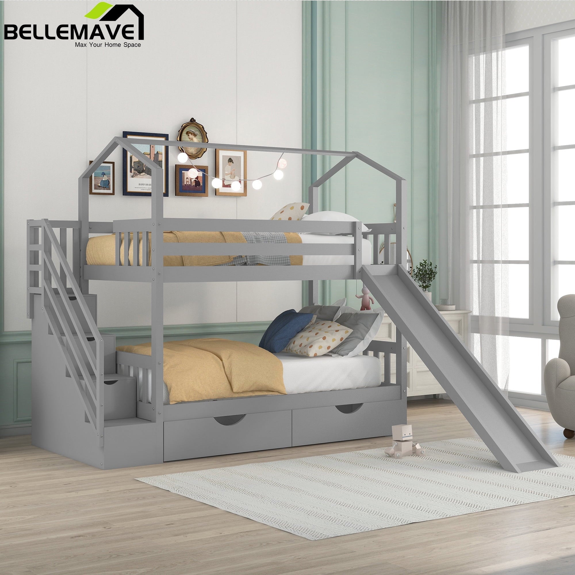 Bellemave Twin Over Twin House Bunk Bed with Slide and Stairs,Wooden Bunk Bed with Storage Drawers,Playhouse Bed for Kids,Teens(Gray)