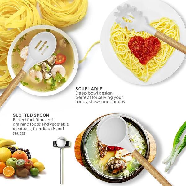 14-Piece Silicon Cooking Utensils Set with Wooden Handles and Holder for Non-Stick Cookware, White