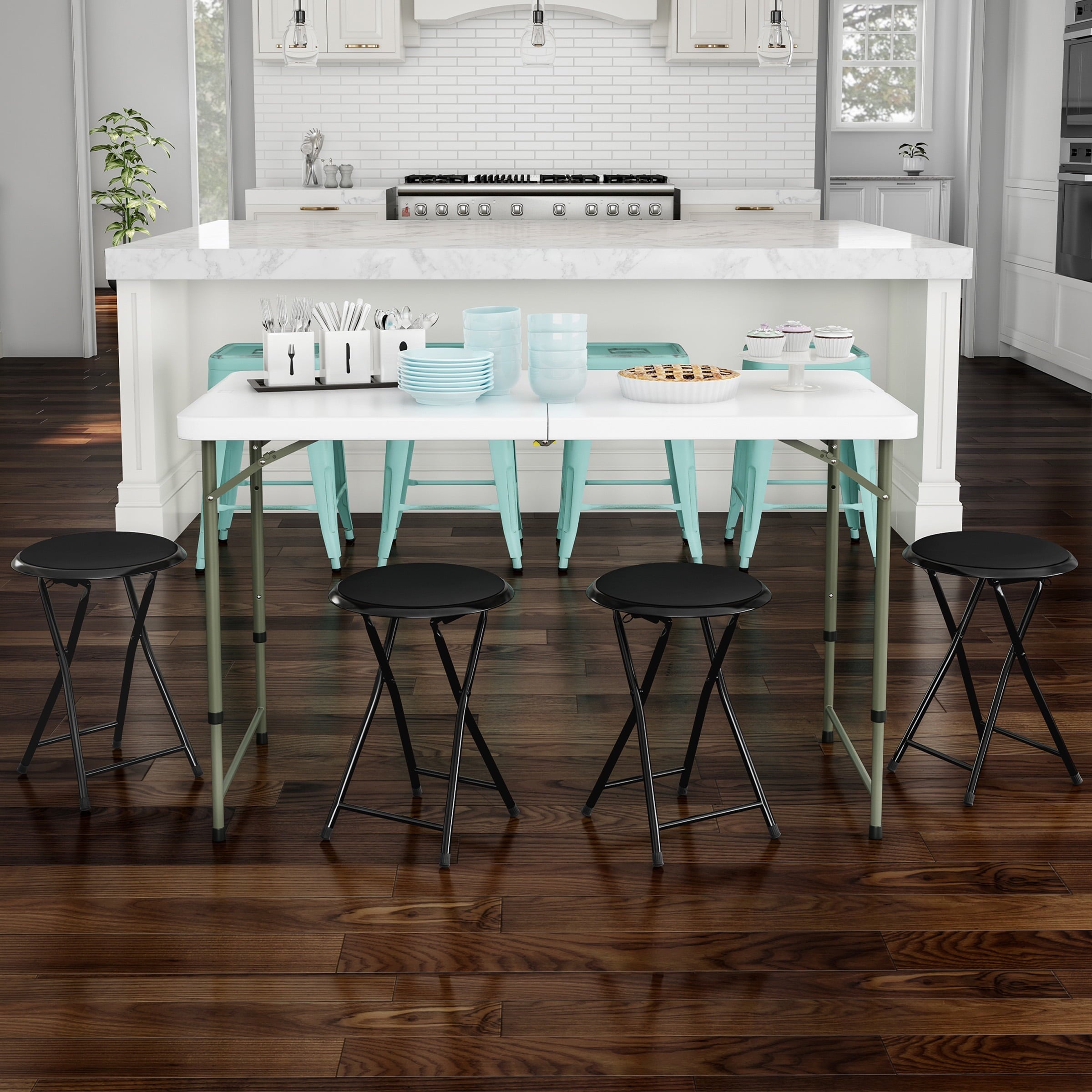 Trademark Home Folding Bar Stools–Set of 4, 18-inch Stools - 300lb Capacity and Padded Seats (Black)