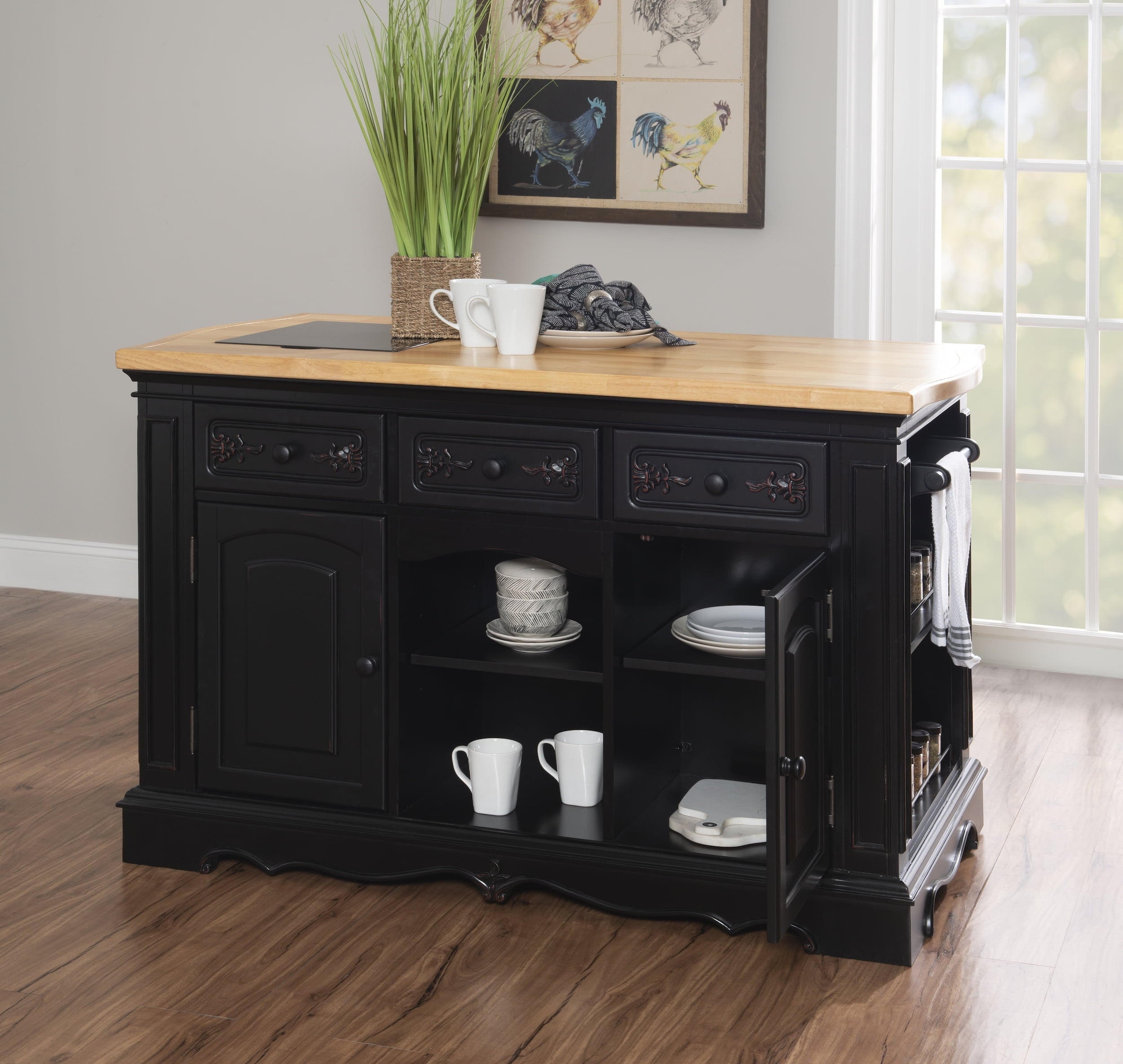 Pennfield Kitchen Island with Black Granite Removable Cutting Surface, Black and Natural