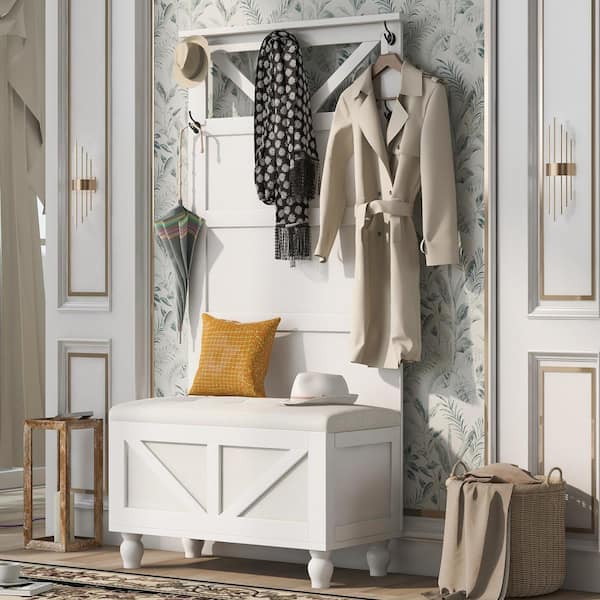31.5 in. W White Hall Tree with 5 Hooks, Coat Hanger, Entryway Bench, Storage Bench