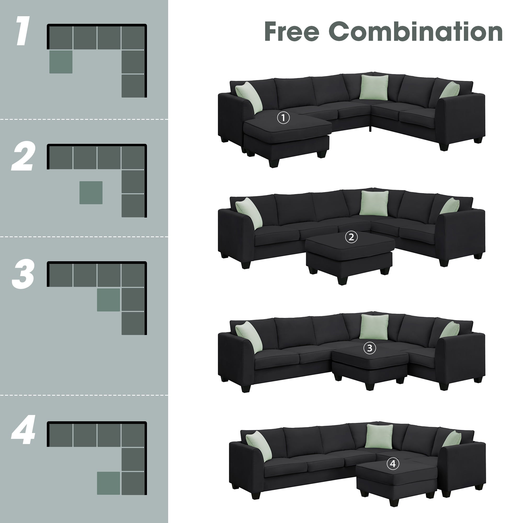 L-Shaped Modular Sectional Couch, KAMIDA 7-Seater Sectional Couch with Ottoman and 3 Pillows, Modern L-Shaped Fabric Upholstered Couch Furniture, Heavy Duty Sectional Couch for Living Room, Black
