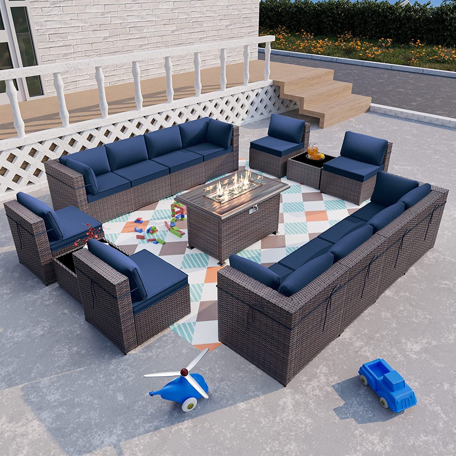 Gotland 15 Pieces Outdoor Patio Furniture Set with Propane Fire Pit Table Outdoor Sectional Sofa Sets Patio Furniture 43