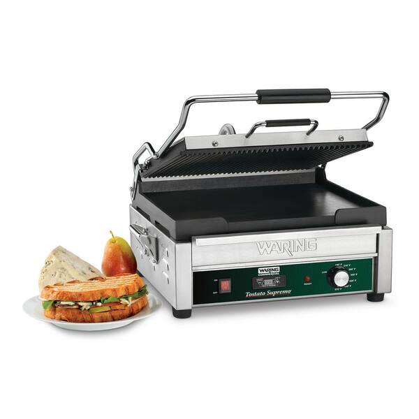Dual Panini Grill Ribbed Top Plate Flat Bottom Plate with Timer Silver 120-Volt 14.5 in. x 11 in. Cooking Surface