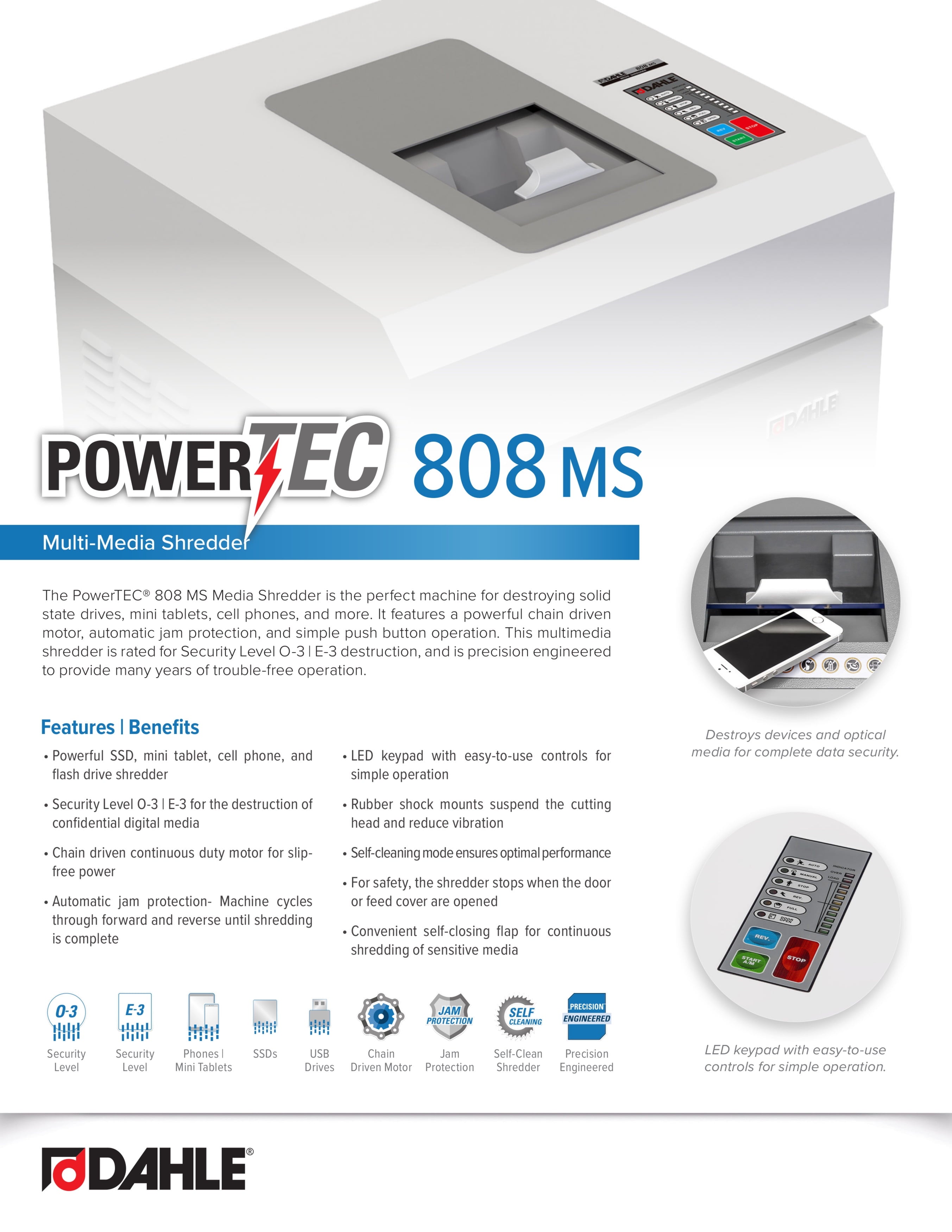 Dahle PowerTEC 808 MS Media Shredder, Destroys Cell Phones, Mini Tablets, SSDs & Flash Drives