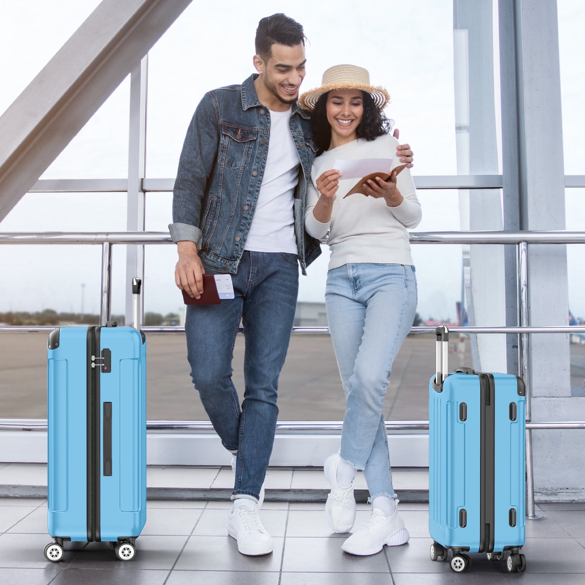 Sunbee 3 Piece Luggage Sets Hardshell Lightweight Suitcase with TSA Lock Spinner Wheels, Light Blue