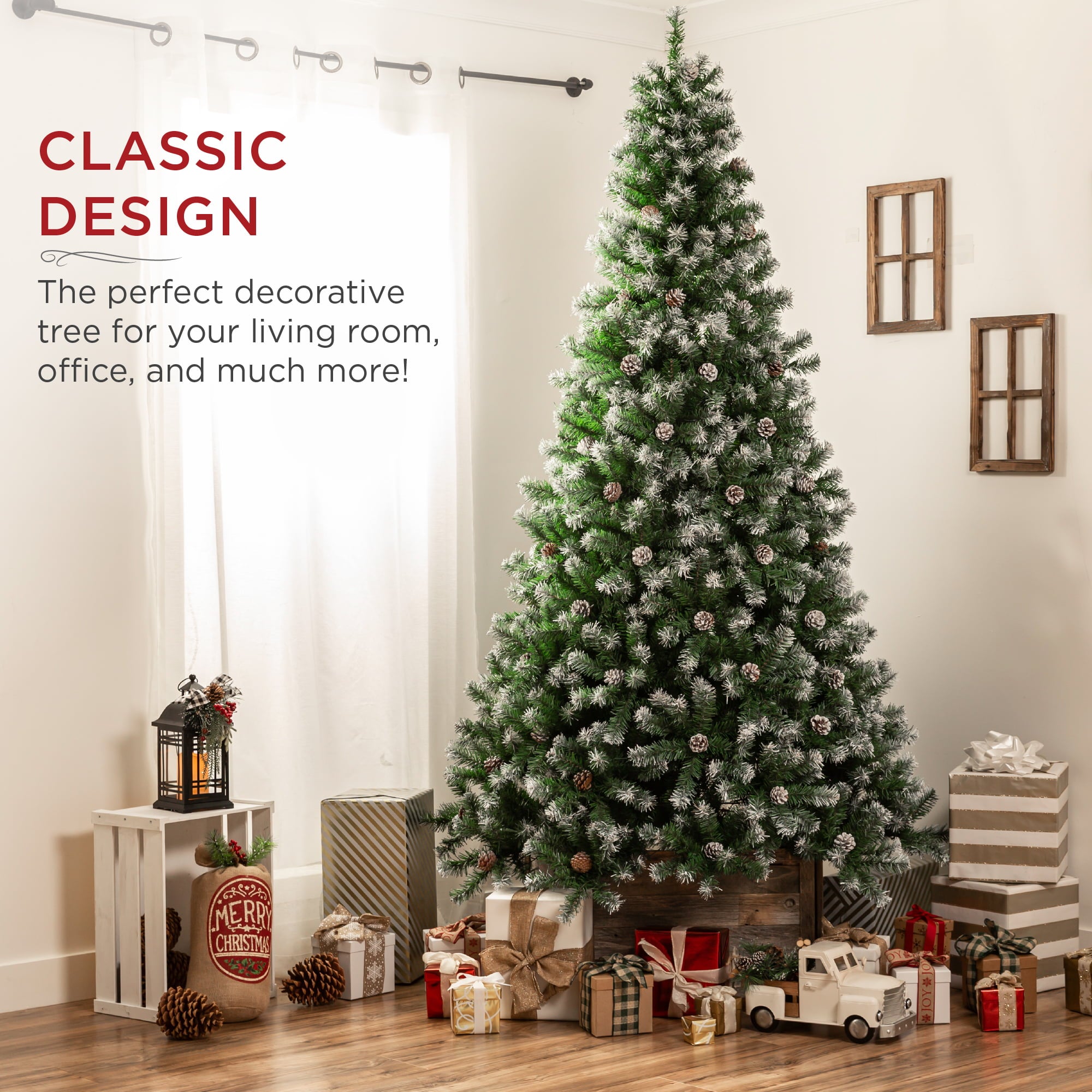 Best Choice Products 6ft Pre-Decorated Holiday Christmas Pine Tree w/ 1,000 Branch Tips, Partially Flocked, Metal Base