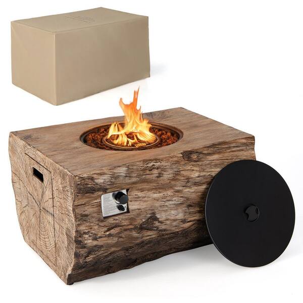 Rectangle Propane 40 in. Stone Metal Fire Pit Table Wood-Like Surface with Lava Rock PVC Cover