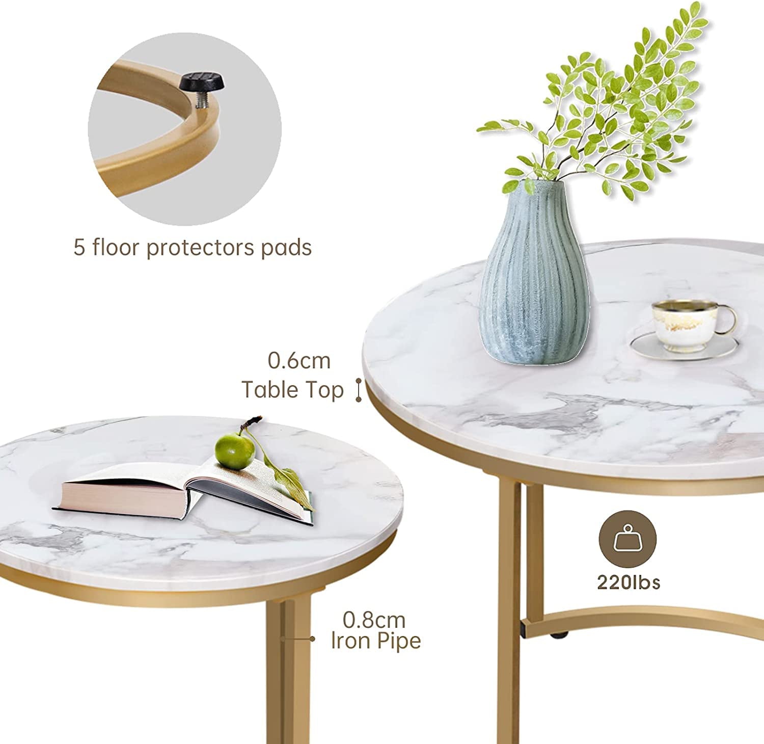 aboxoo Coffee Table Nesting White Set of 2 Side Set Golden Frame Circular and Marble Pattern Wooden Tables, Living Room Bedroom Apartment Modern Industrial Simple Nightstand